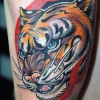 Cool looking colored leg tattoo of tiger head
