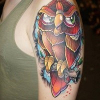 Cool looking colored shoulder tattoo of funny owl with tree branch