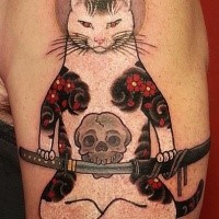 Cool looking colored shoulder tattoo of Manmon cat with katana sword by horitomo