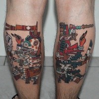 Cool looking colorful abstract style various statue tattoo on legs