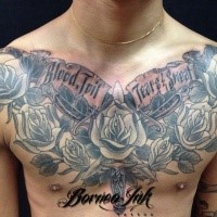 Cool looking gray washed style chest tattoo of rose flower with lettering