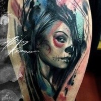 Cool looking Mexican traditional shoulder tattoo of watercolor style woman portrait