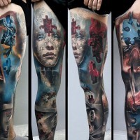 fresco bello  multicolore puzzle ritratto donna tatuaggio su tutta gamba