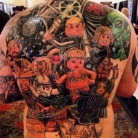 Cool multicolored Star Wars themed back tattoo of Lego heroes