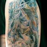 Cool natural looking colored Lord of the Rings ghost rider tattoo on shoulder