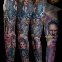 Cool old school style colored various films heroes tattoo on sleeve