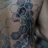 Tatuaje en la espalda,
figuras geométricas y medusa, dibujo excelente negro blanco