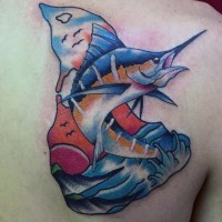 Cool painted colored big ocean fish tattoo on shoulder