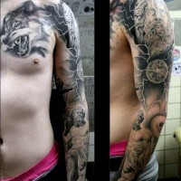 Cool painted detailed black and white antic Greece Gods tattoo on sleeve
