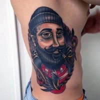 Cool painted funny smoking sailor portrait tattoo on side