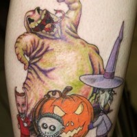 Cool painted multicolored leg tattoo of various Nightmare before Christmas heroes