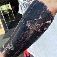 Cool real photo like very detailed forearm tattoo of Michel Jordan