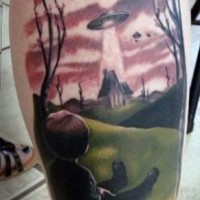Cool realistic like colored alien ship with lonely house tattoo on leg