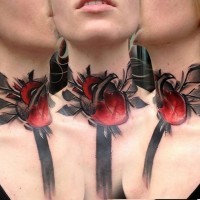 Cool red heart with black leaves tattoo on neck by Francesco Mugnai