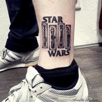 Cool sharp designed black ink various Jedi lightsabers tattoo on ankle stylized with lettering