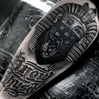 Cool thug style black ink arm tattoo of Egypt statue with lettering