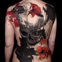 Cool trash polka skull and red roses tattoo on full back