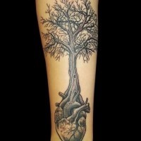 Tatuaje en el antebrazo, árbol crece de un corazón