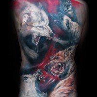 Cool watercolor battle of wolves tattoo on whole back by Kamil Moc