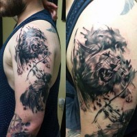 Cool wild roaring lion with archer tattoo on arm