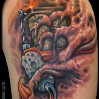 Crazy looking colored shoulder tattoo of alien technology