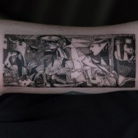 Creative and strange looking black ink arm tattoo of strange picture
