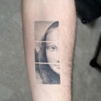 Creative black ink forearm tattoo of Mona Lisa portrait part