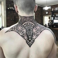 Creative dot style upper back tattoo of enormous ornament