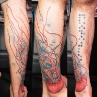 Creative red jellyfish in water tattoo on leg