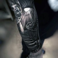 Creepy black and white old house stairs tattoo on arm