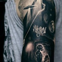 Creepy black apocalyptic alien tattoo on half sleeve