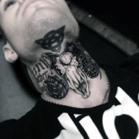 Creepy black ink cult style black ink neck tattoo of goat skull and mystic symbol