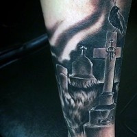 Creepy black ink forearm tattoo dark cemetery with crow