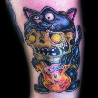 Creepy colored demonic skeleton in cat skin tattoo