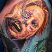 Creepy colored horror style terrifying woman monster face