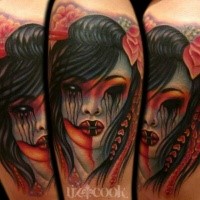 Creepy colored illustrative style tattoo of demonic geisha