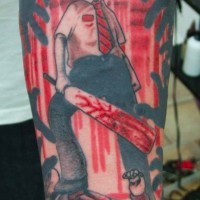 Creepy colorful bloody horror movie tattoo on forearm stylized with black hands