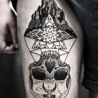 Creepy cult like black and white skull with old castle tattoo on thigh