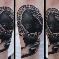 Creepy engraving style black ink forearm tattoo of crow stylized with human eyes