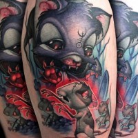 Tatuaje  de gato monstruoso con rata mutante, dibujo multicolor