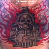 Creepy horror style colored chest tattoo of train with skull