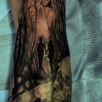 Creepy looking black and white half sleeve tattoo of people in dark forest with skull