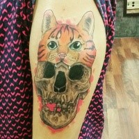 Creepy looking colored arm tattoo of human skull with cat shaped hat
