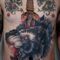 Creepy looking colored chest and belly tattoo of wolf with bloody dagger
