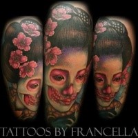Creepy looking colored demonic geisha tattoo with flowers