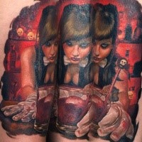Creepy looking colored tattoo of sexy woman with bloody cocktail