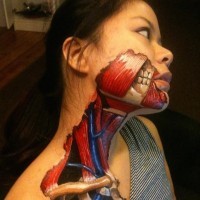 Creepy looking colored very detailed neck and face tattoo of human muscles and bones