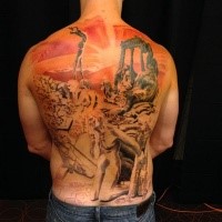 Creepy looking colored whole back tattoo of ancient people with statue