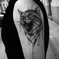 Creepy looking sketch style painted by Inez Janiak tattoo of cat head