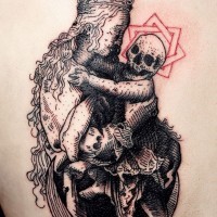 Creepy painted black ink woman with dead baby tattoo
